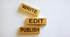 Blocks with the words Write, Edit, and Publish on them.